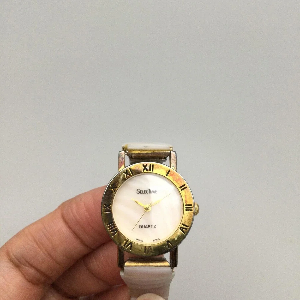 SelecTime Womens Watch 24mm MOP Dial Gold Bezel Stretch Band New Battery